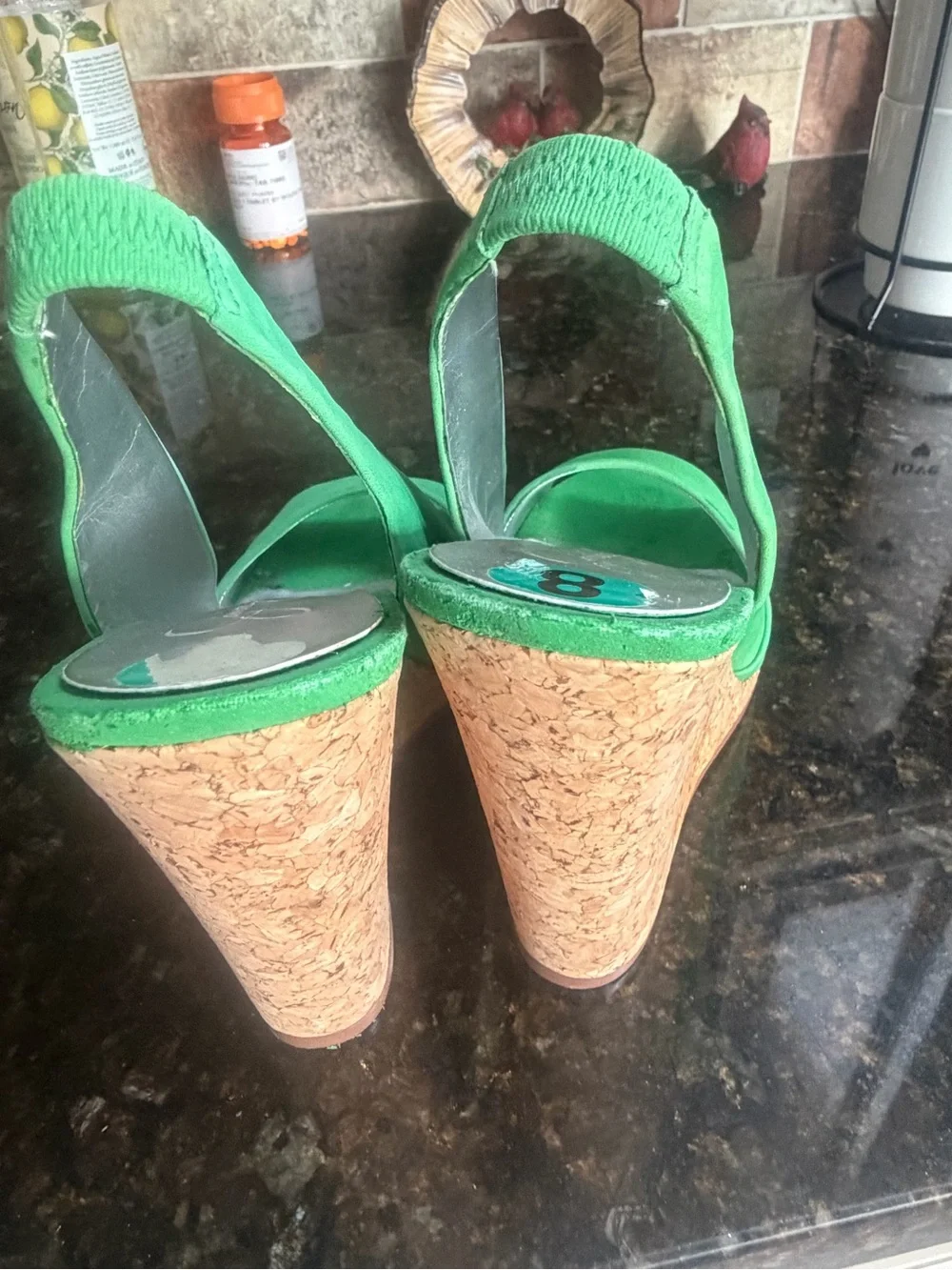 Green Suede Cork Wedge Peep-Toe Heels